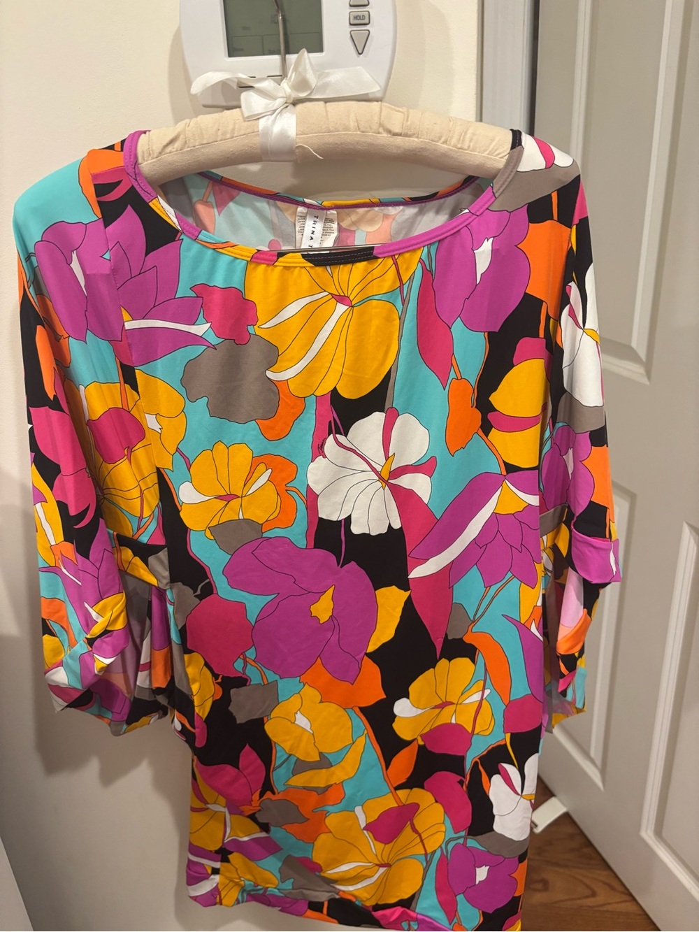 Trina Turk Black One-Piece Swim Tunic Dress with Pink, Orange & Aqua Floral - Picture 3 of 4